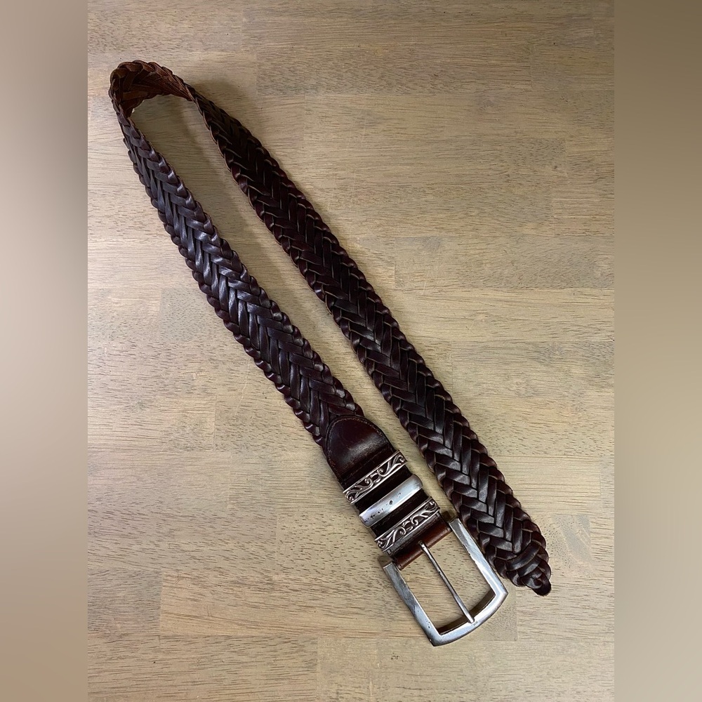 VTG Woolrich Womens Brown Leather Belt Braided -40 In- Silver tone‎ Hardware